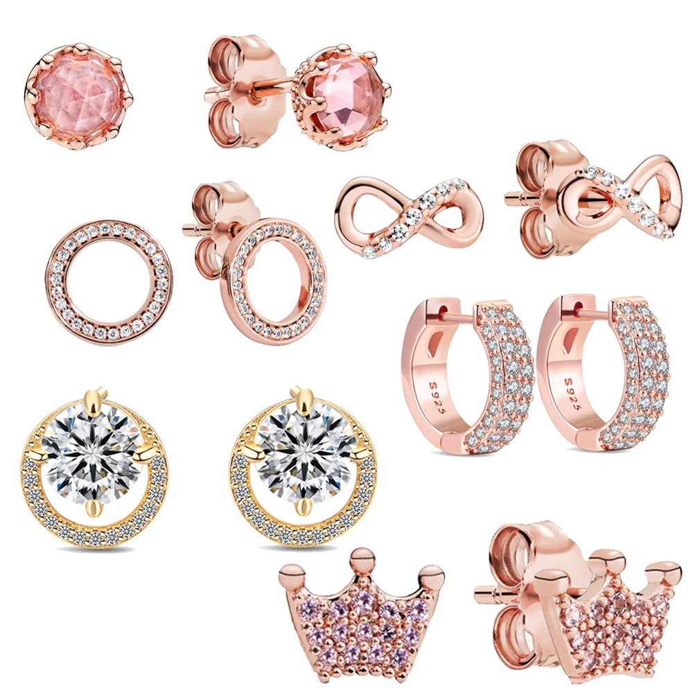 

925 Sterling Silver Rose Gold Zircon Studs Earrings Hoop Circle Fit Original Fine Jewelry Engagement Female DIY Women Gift