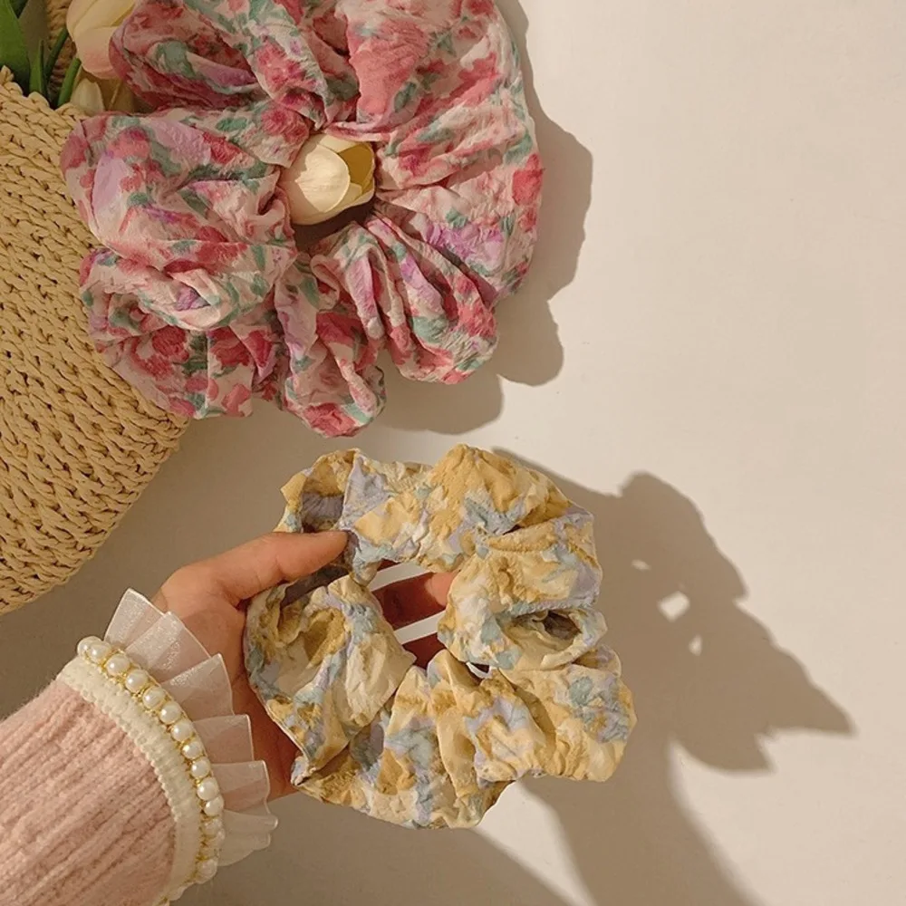 French Romantic Idyllic Floral Scrunchies Flowers Wrinkled Large Hair Ties Ropes Gray Yellow Elegant Ponytail Holder Headwear