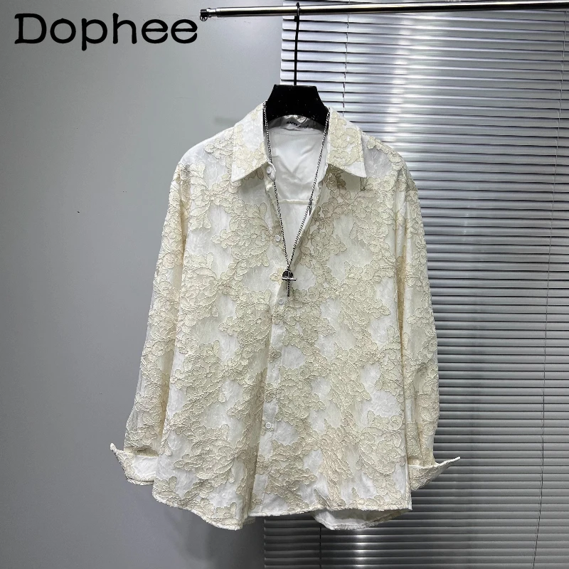 

Gentleman Embroidered Mesh Gauze Tops Faux Two-Piece Simple Stylish Men's Shirts 2025 Autumn New Trendy Long Sleeve Chic Shirts