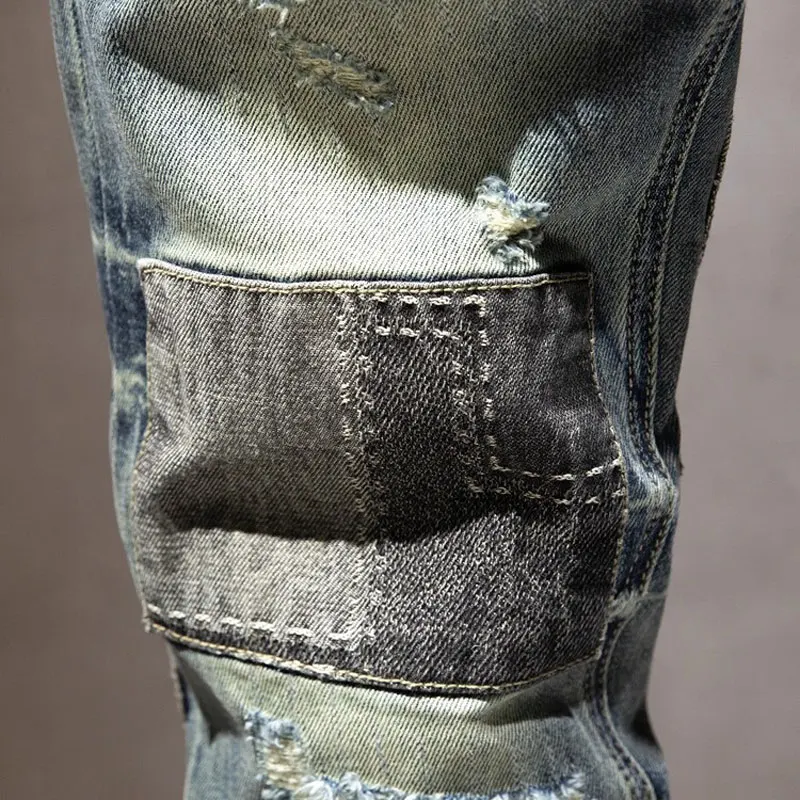 Y2k designer fashion new high-quality men's jeans, scratch washed, nostalgic stretch, slim fit, retro blue jeans, high street hi