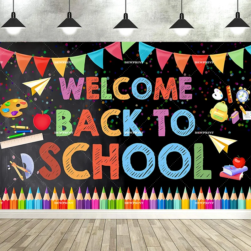 Welcome Back To School Banner Backdrop Black Blackboard Pencil Globe Books Baby Children Graduation Party Photo Background Props