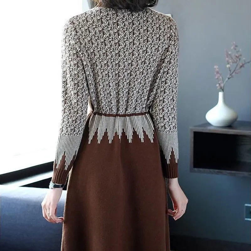 Stylish Half High Collar Midi Dress Female Clothing Vintage Printed Autumn Winter A-Line Waist Casual Drawstring Knitted Dresses