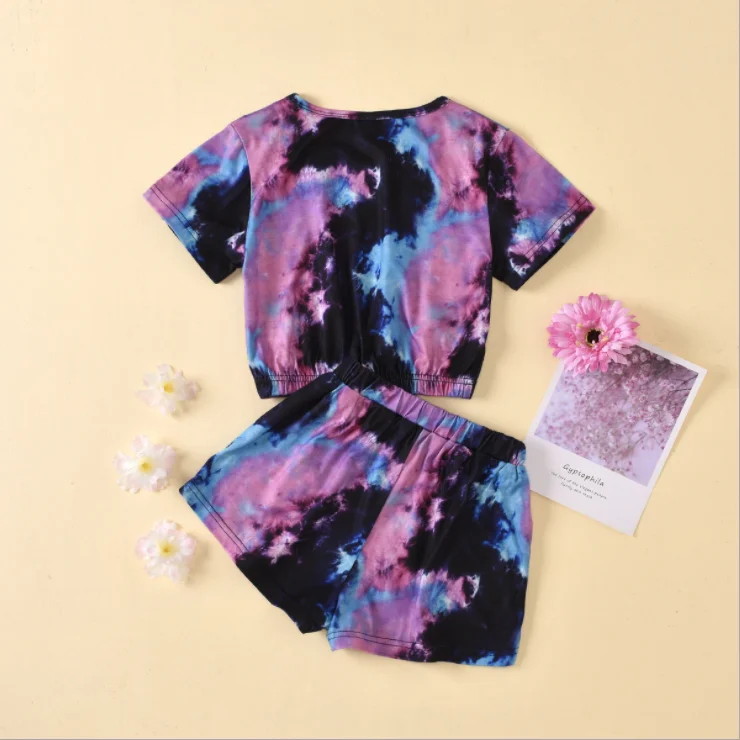 2 Pieces Set Summer Kids Suit Set Tie-Dye Print Round Collar Short Sleeve Pullover Shorts Children's Sets 4-9Y