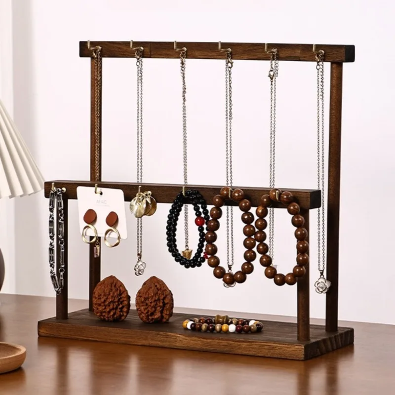 Wooden Jewelry Display Stand Multifunctional Necklace Showcase Shelf Double-layer Rings Organizer Holder Bracelet Display Rack