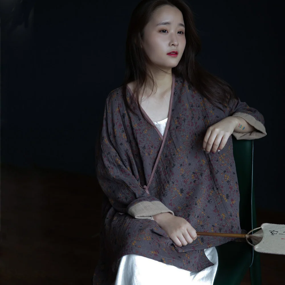 

Spring Cotton Linen Printed Asymmetrical Lace-Up Short Coat Ladies Literary Vintage Loose Jacket Kimono Cardigan Hanfu Style