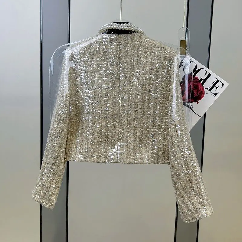 Women Autumn Spring Beaded Embroidery Blazers Coat Sequined Jacket Coat Suits Cardigan Slim High Waist Crop Tops