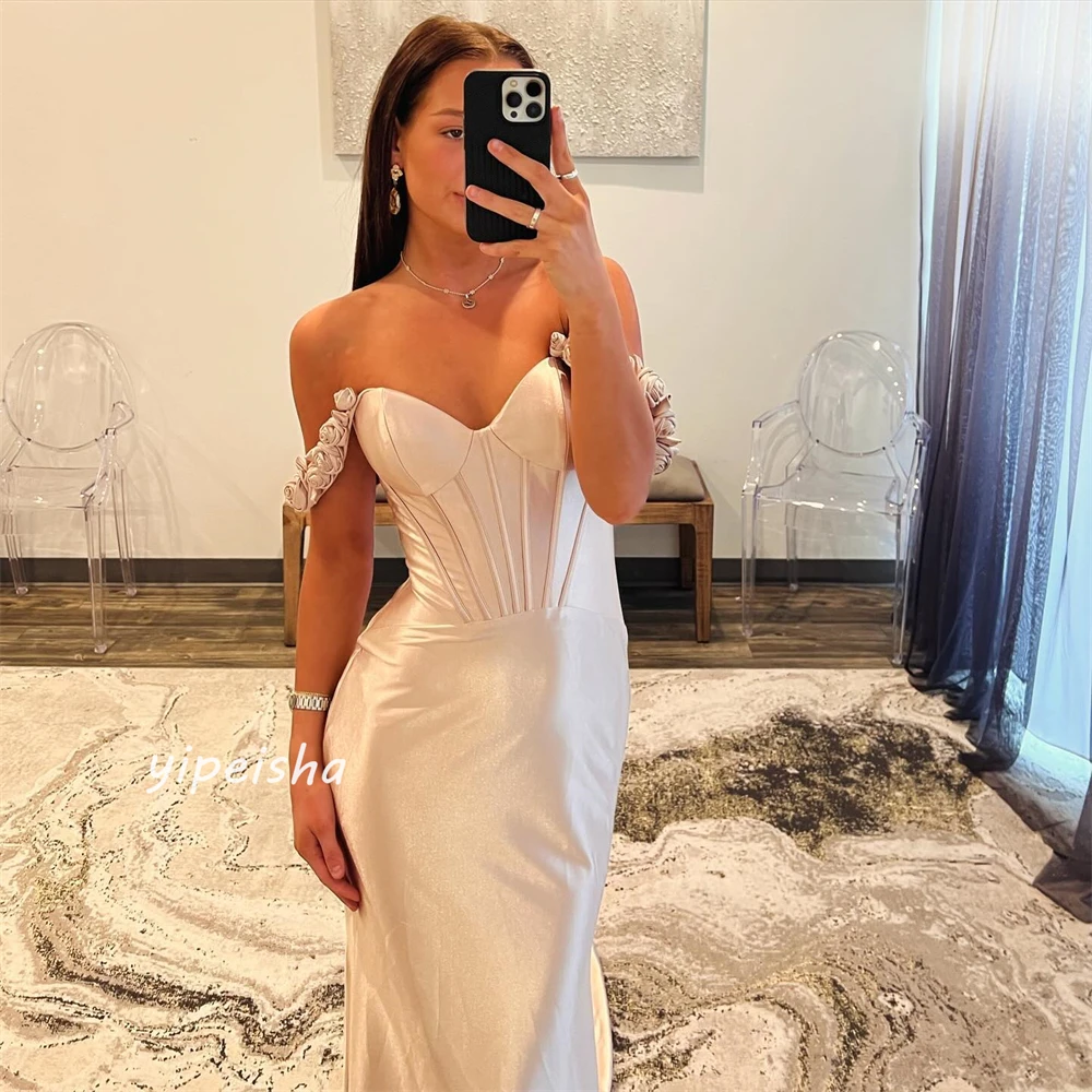 Jiayigong High Quality  Evening Satin Flower Draped Birthday Mermaid Off-the-shoulder Bespoke Occasion Gown Long Dresses