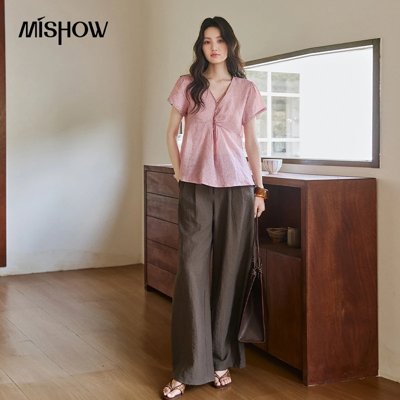 MISHOW Women's Ramie Blouse 2026 Summer V Neck Twist Front Waist Tops Lace Puff Short Sleeve Loose Solid Casual Shirt MXF28X2721