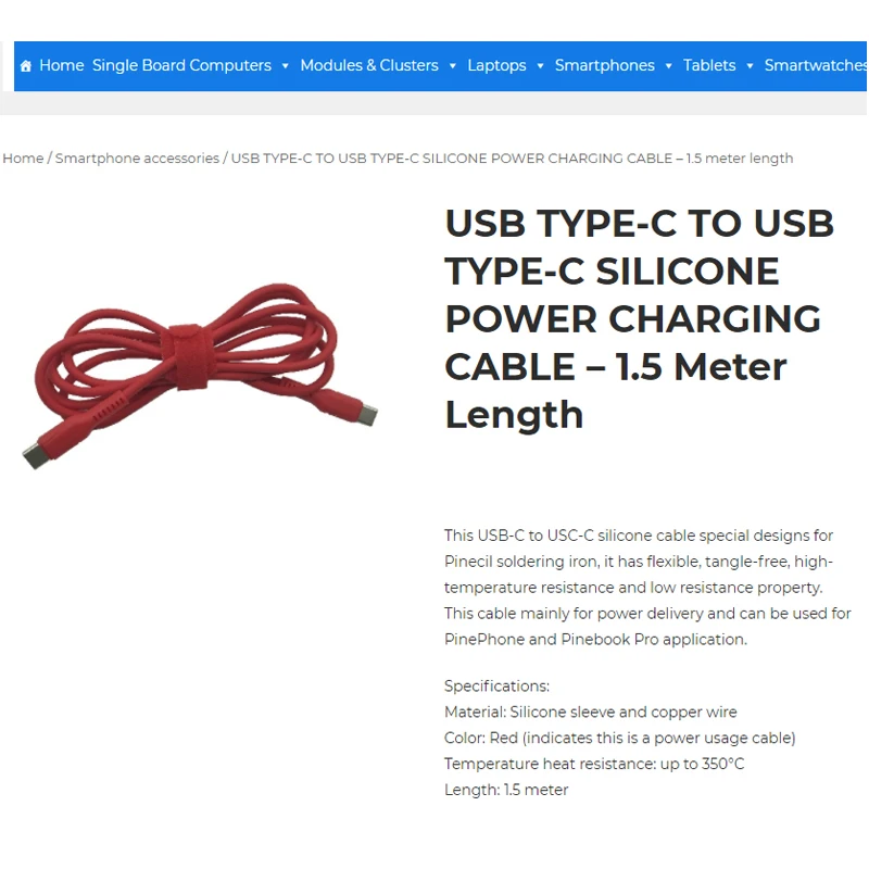 Pine64 Usb Type-c To Usb Type-c Silicone Power Charging Cable For Pinecil TS100 TS101 Soldering Iron PinePhone Pinebook Pro