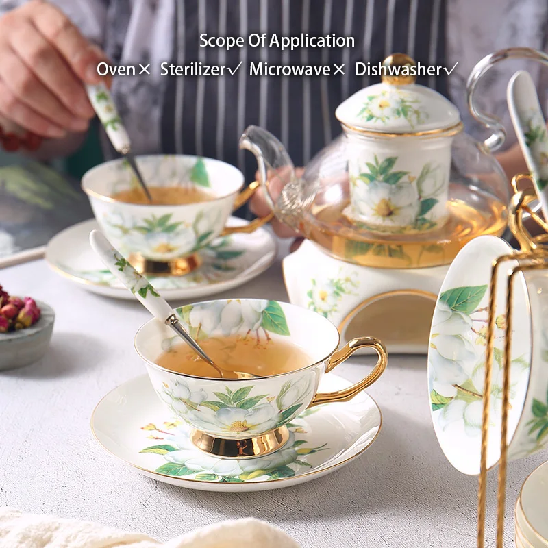 Camellia Bone China Tea Set British Ceramic Tea Cup Pot with Candler Strainer Floral Glass Teapot Set Ceremony Teaware Teacup