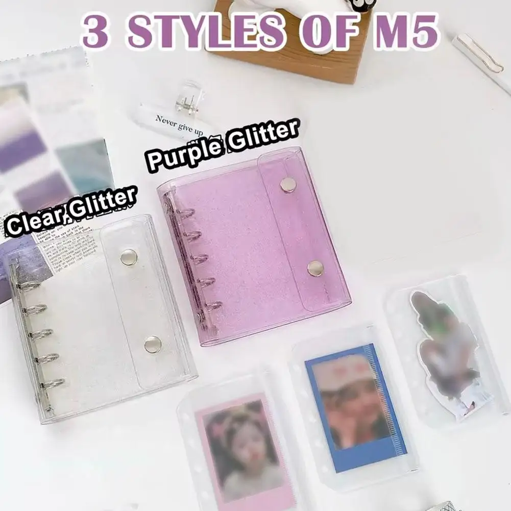 M5 5 Lubang Glitter Transparan Binder Loose Cover Jurnal Buku Sketsa Multifungsi Kantong Penyimpanan Buku Harian Aksesoris Kantor