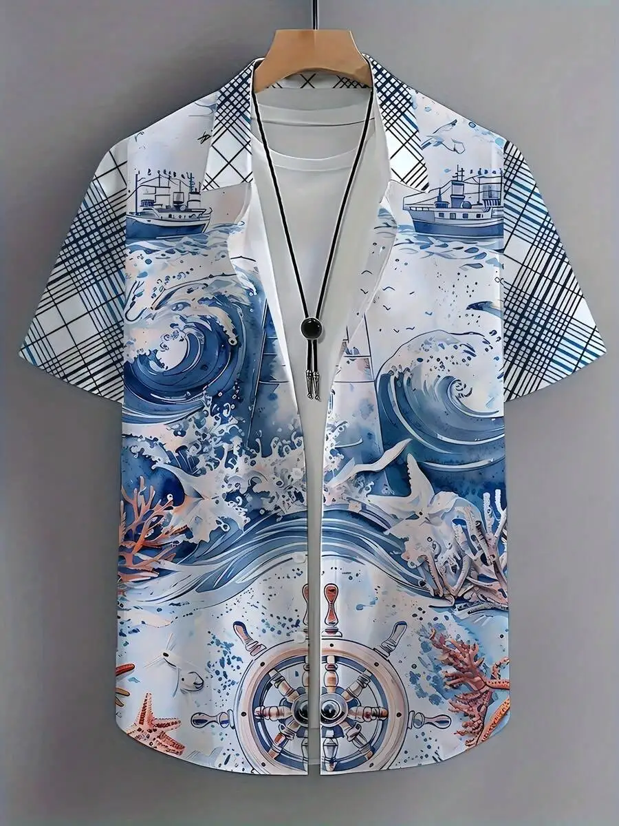 

Mens 3D Printed Ocean Wave Sailing Ship Hawaiian Shirt Casual Beach Summer Top