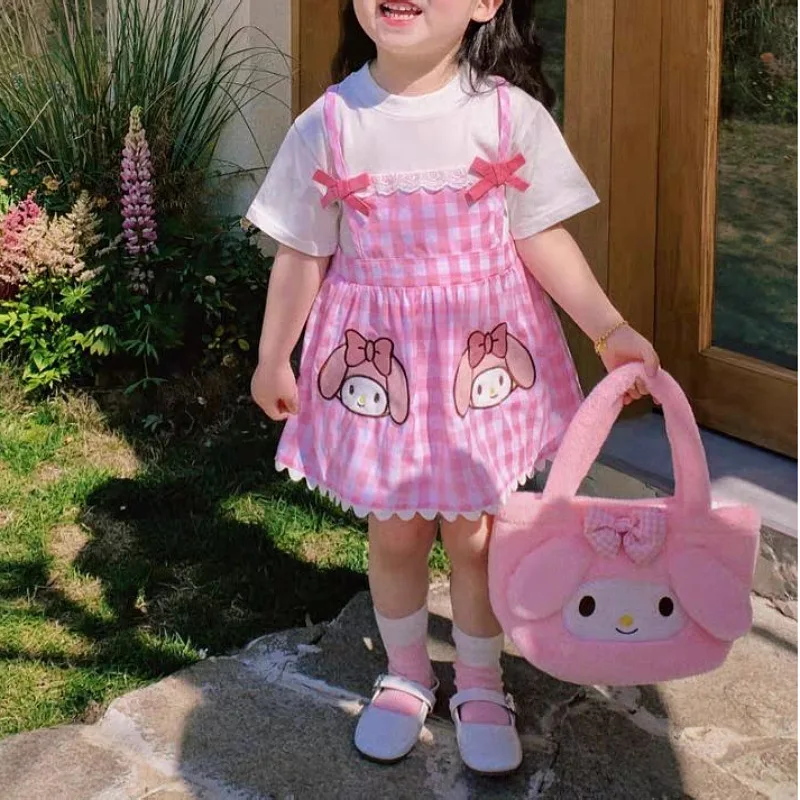 2024 Girls' Checkered Dress Summer New Sanrio Cartoon Strap Fake Two Pieces Short Sleeved Fashionable Princess Dress