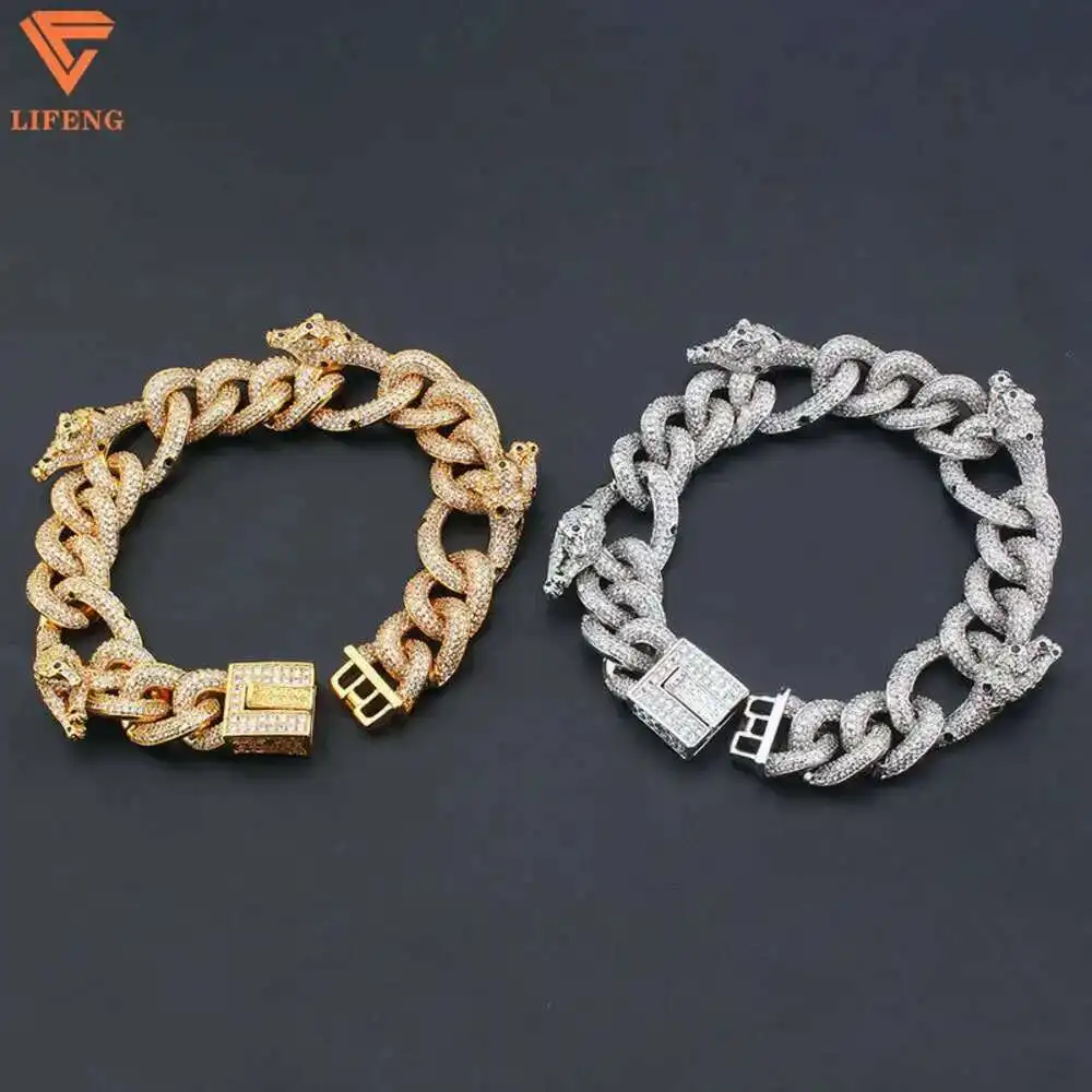 

Fashion Hip Hop Jewelry 20mm Bangles Full Iced Out Panther Design 925 Silver Vvs Moissanite Cuban Chain Bracelet for Men