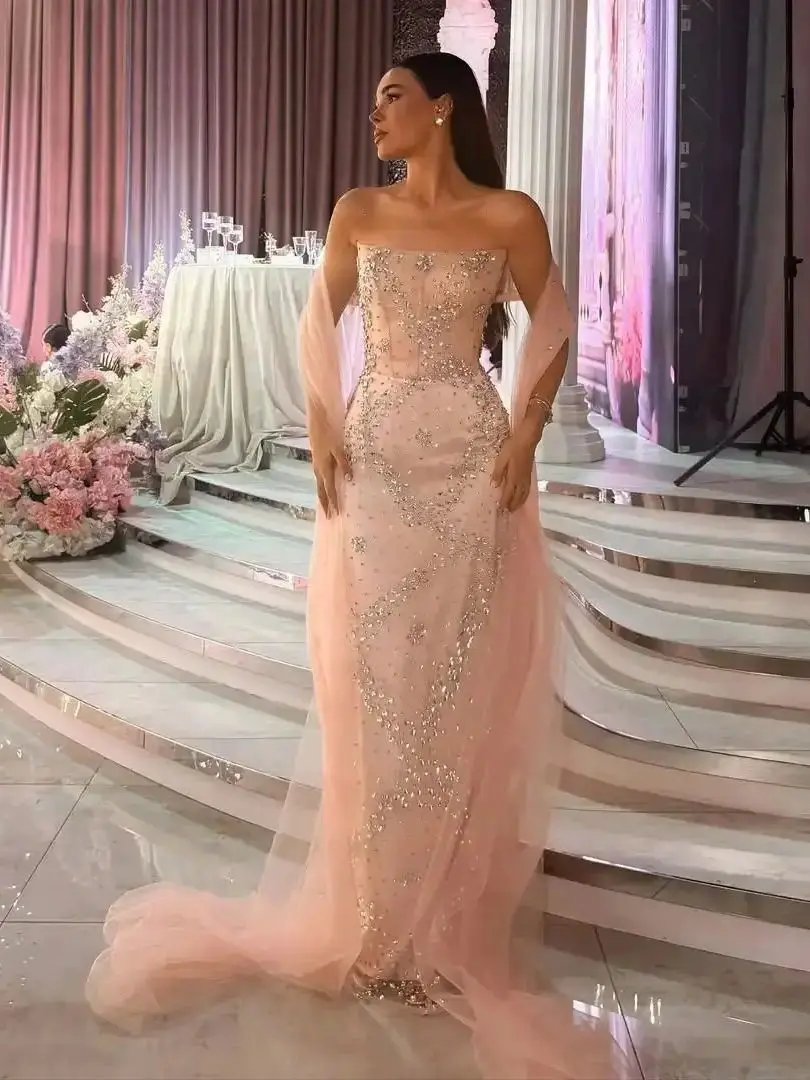 

Ofherown Luxury Pink Beaded Crystal Strapless Evening Gown with Ribbon Women Sparkly Formal Prom Dress for Party Red Carpet