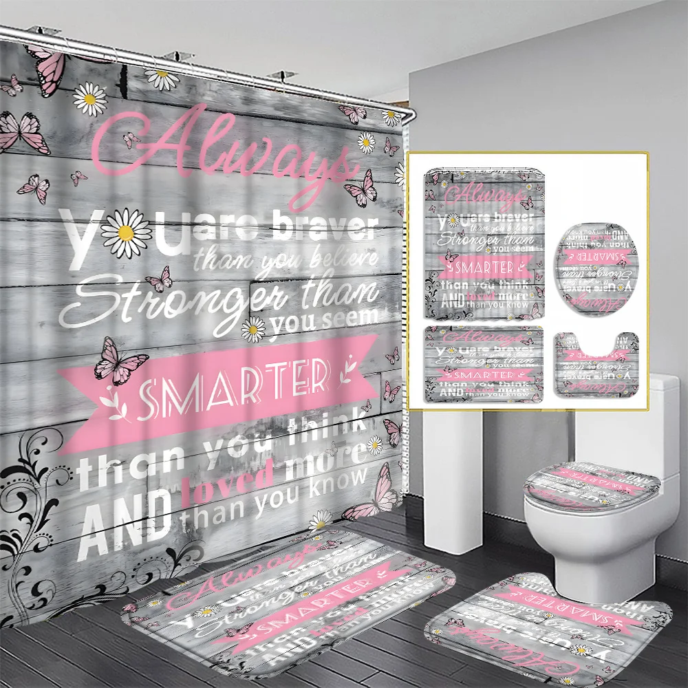 

[Waterproof Modern Home Decoration Set] 4pcs Gray Pink Quote Shower Curtain Decoration, Beautiful Housewarming Gift Modern Home