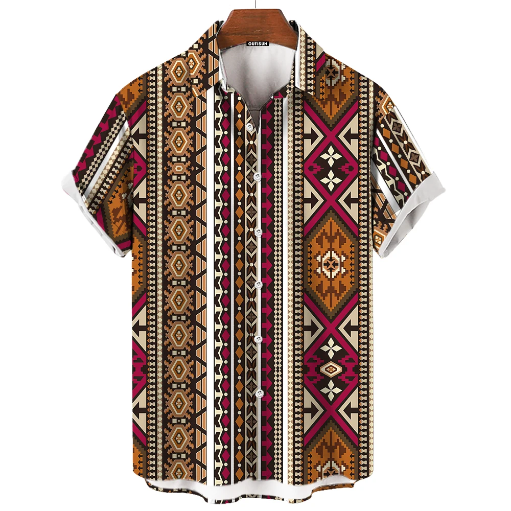 Vintage Heren Overhemd Voor Mannen Mode Patroon Strepen Tops Zomer Herenkleding Korte Mouwen Knoop Losse Blouse Hawaiiaanse Overhemden