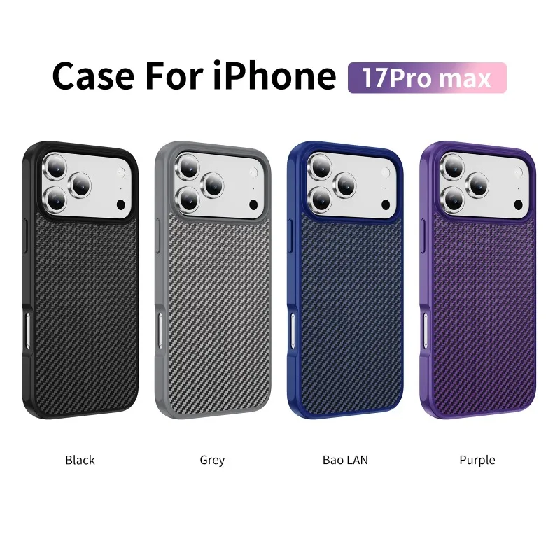 Coque Minimaliste Fine en Fibre de Carbone Texturée pour iPhone 17 16E 15 14 Plus 13 18 Pro Max avec Chargement Magnétique Invisible et Protection