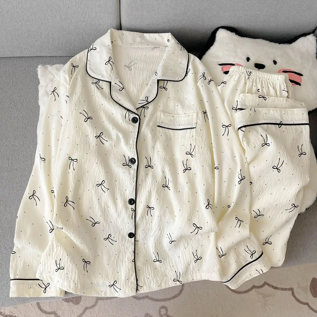 Women's Pajama Set 2 Piece Long Sleeve Full Length Pants, Button Down Lapel Collar Bowknot Dot Print Sleepwear Pyjama Loungewear