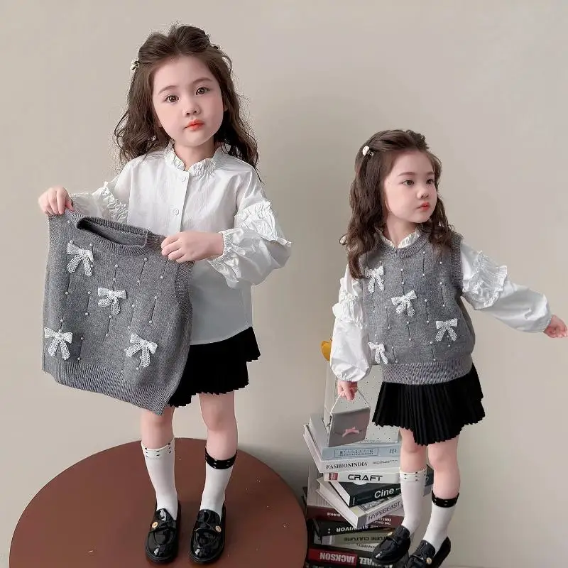 Girl Bow Tie Vest Shirt Set Girl Fashionable Spring Autumn New Style Knitted Vest Children's Korean Long Sleeved Base Shirt Tops