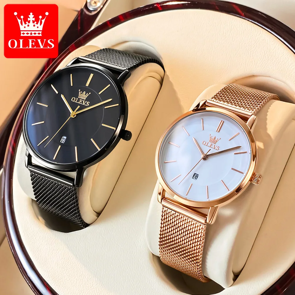 OLEVS 5869 Japan Ultra-thin Quartz Movement Couple Watches Stainless steel Mesh Belt Auto Date Waterproof Watch for Men Women