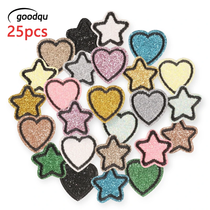 25 Stück Mini-Herz-Stern-Aufnäher, kleine bestickte Patches für Kleidung, Jacken, zum Aufnähen, Applikationen, Packung mit Parches, niedlich, glänzend, selbstklebend – Detail 1
