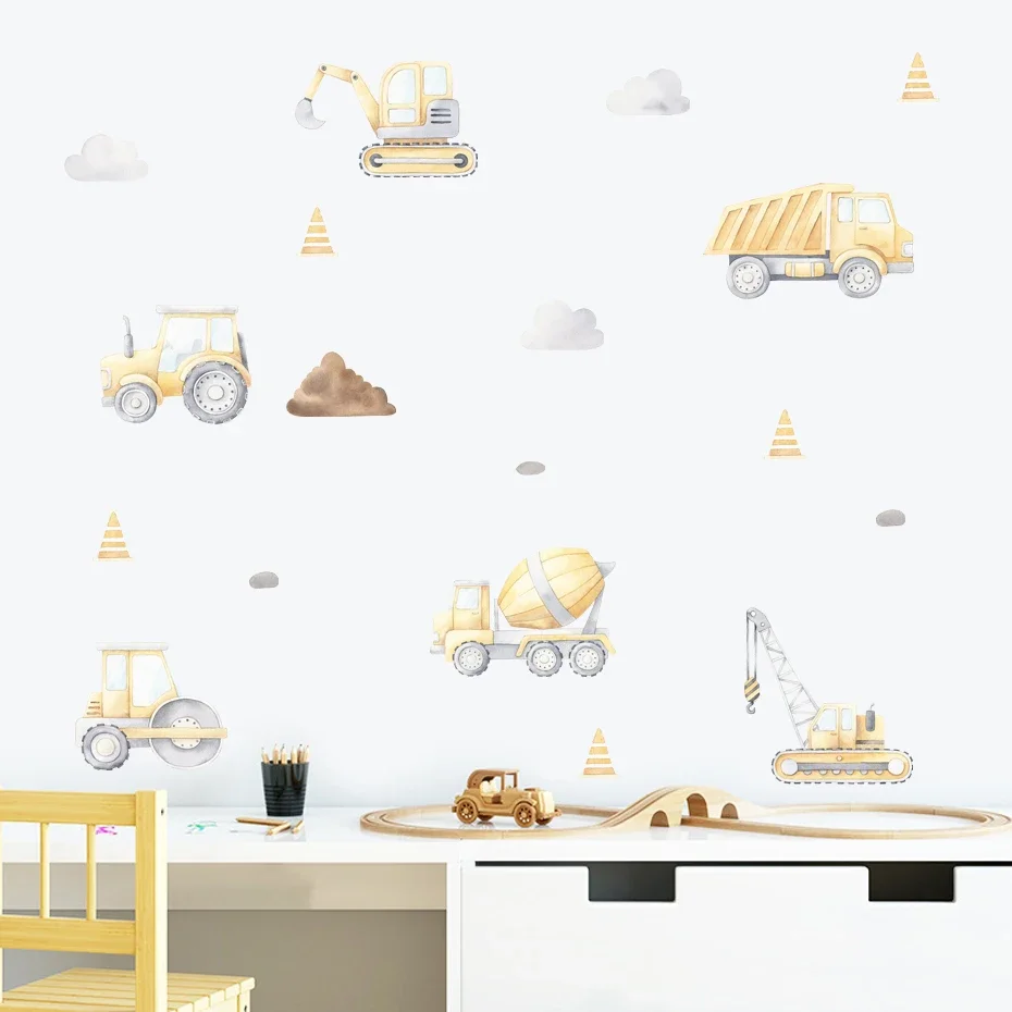 Cartoon Engineering Vehicle Yellow Blue Watercolor Nursery Wall Decals Removable DIY Wall Stickers Boys Room Interior Home Decor