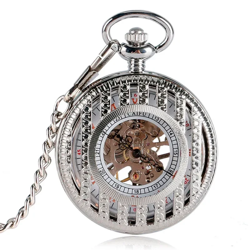 Antique Silver Black Unisex Pocket Watch Handwinding Mechanical Skeleton Watches Roman Number Clock with Pendant Chain Reloj