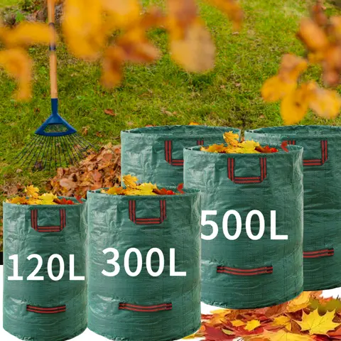정원 폐기물 가방 500L/300L/120L 대용량 재사용 가능한 방수 잎 자루 마당 잎 보관 캔에 대한 잡초 쓰레기 컨테이너