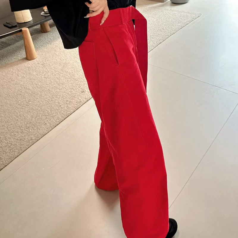 Ladies' simple jeans, red wide-leg pants with belt decoration, fashionable and versatile long pants, high quality, new style,