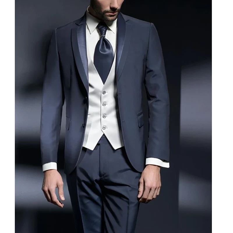 Men Suits Coat Pants Vest Navy Blue Wedding Full Set Notched Lapel Single Breasted Satin Regular Fashin Slim Fit Costume Homme