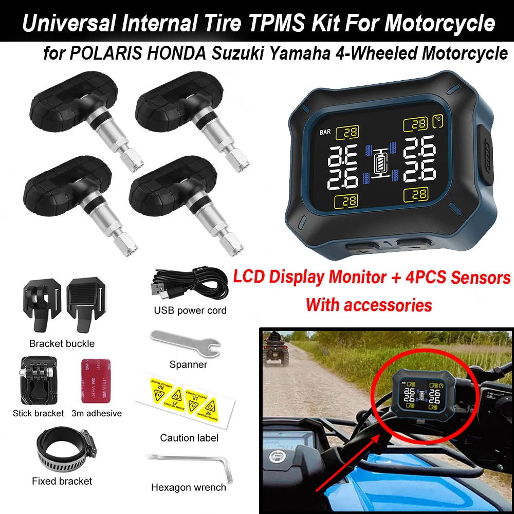 

Новый комплект TPMS для внутренней шины, ЖК-дисплей, 4 датчика, шнур питания USB, кронштейн с пряжкой, универсальный для POLARIS HONDA Suzuki