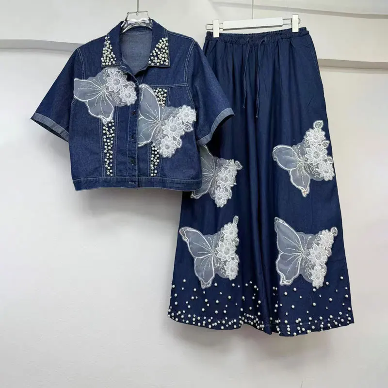 

Women Lace Spliced Butterflies Embroidery Denim Shirts Pearls Beaded Short Sleeved Blouse Tees Tops + Wide Legs Pants 2Pcs Set