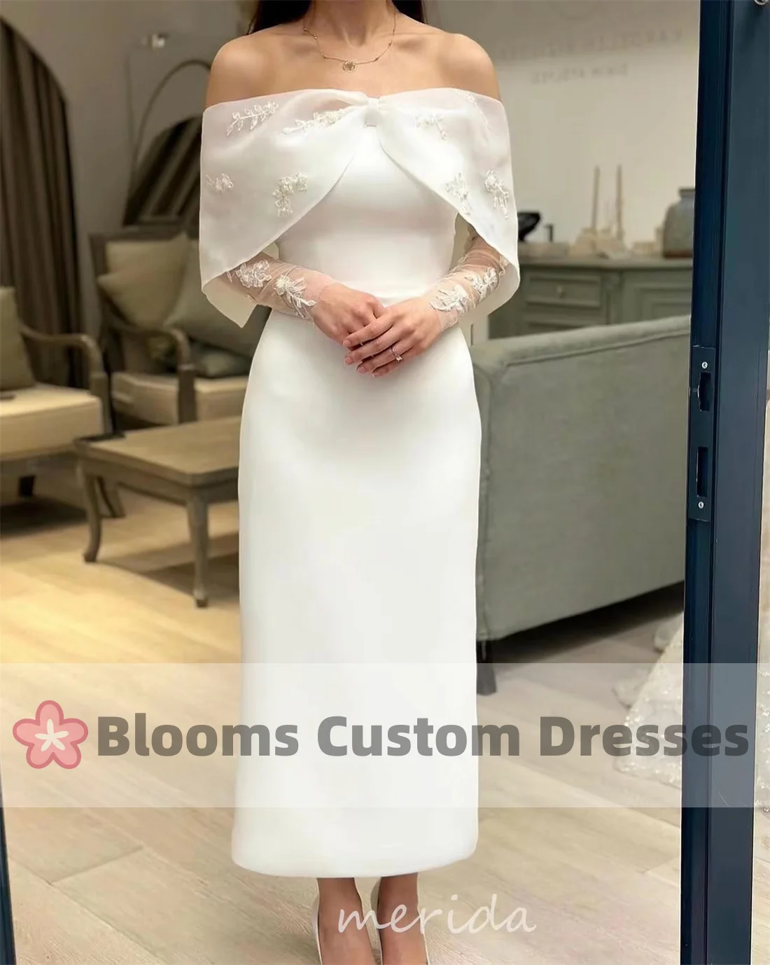 Customized Off Shoulder Crepe Elegant Prom Dresses 2024 Long Sleeves With Beads Flower Robes De Formal Occasion Evening Party