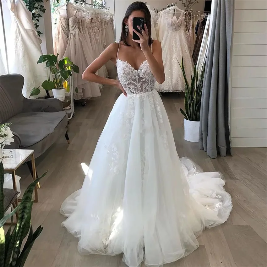 

Elegant Wedding Dresses For Women 2024 Lace Applique Tulle Wedding Gowns A-Line Sweep Train Boho Bride Dress vestidos de novia