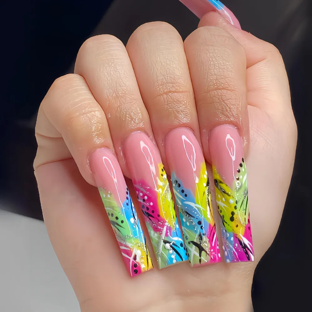 

24PCS Summer Neon Colorful Press on Nails Extra Long Square Fake Nail with Abstract Graffiti Pattern Bold Y2K Nail Art for Women