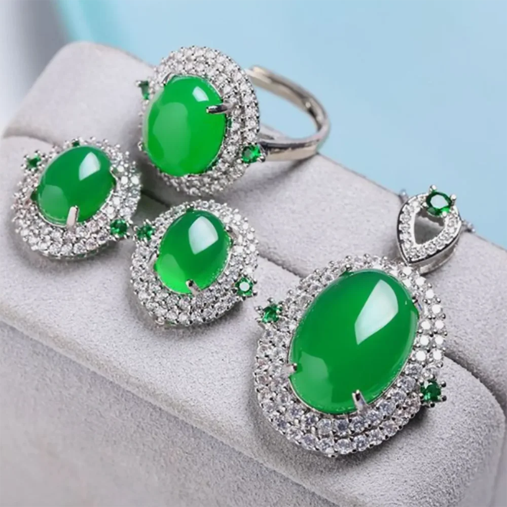 Jade Jewelry 4 Set Earrings Ring Pendant Necklace Charm 18K White Gold Plated