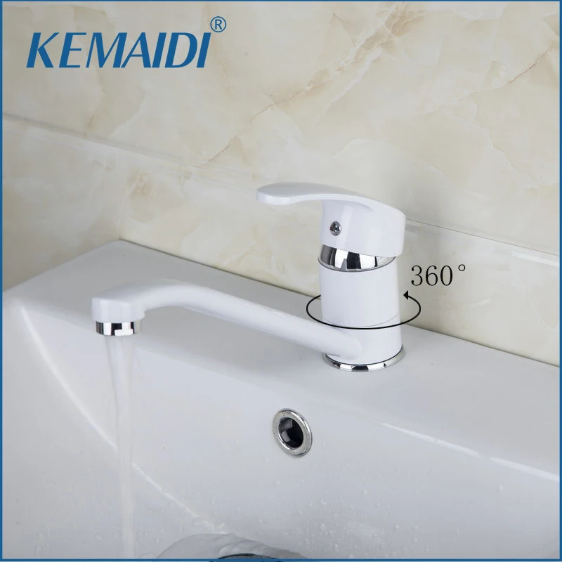 KEMAIDI White Brass Bathroom Sink Faucet Single Handle Basin Faucet with 360° Rotating Spout Bathroom Hot Cold Mixer Tap