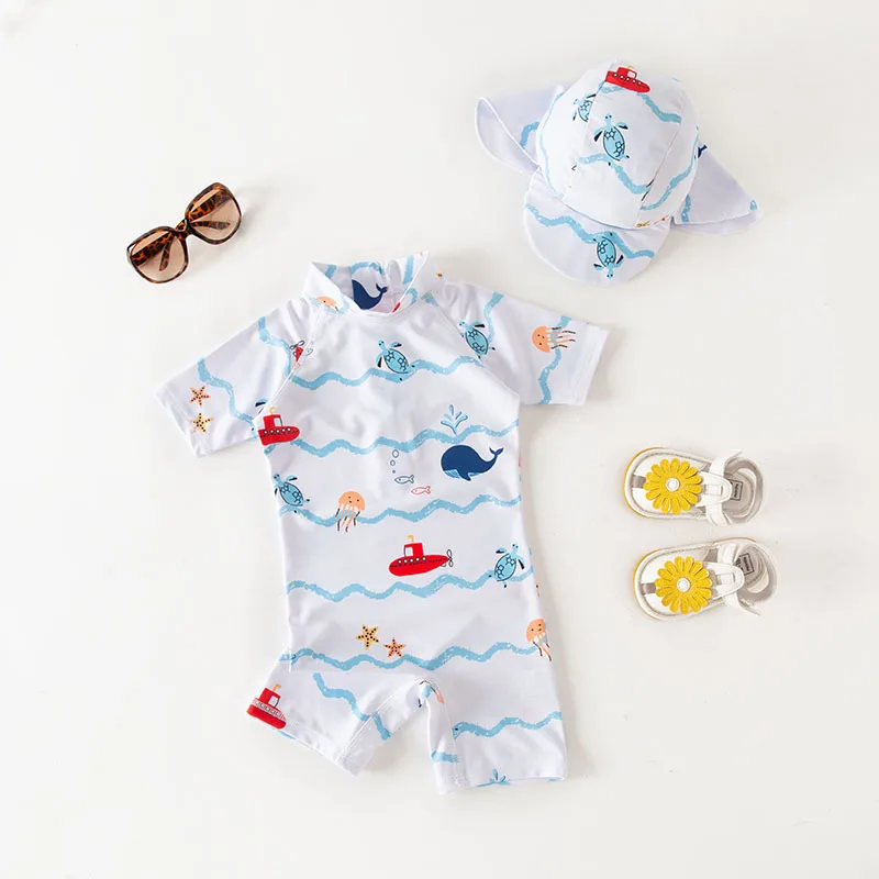 

Baby Boy One Piece Swimsuit white Ocean World Conjoined Swimwear with Swimming Cap /children's Beach Swimsuit 3466