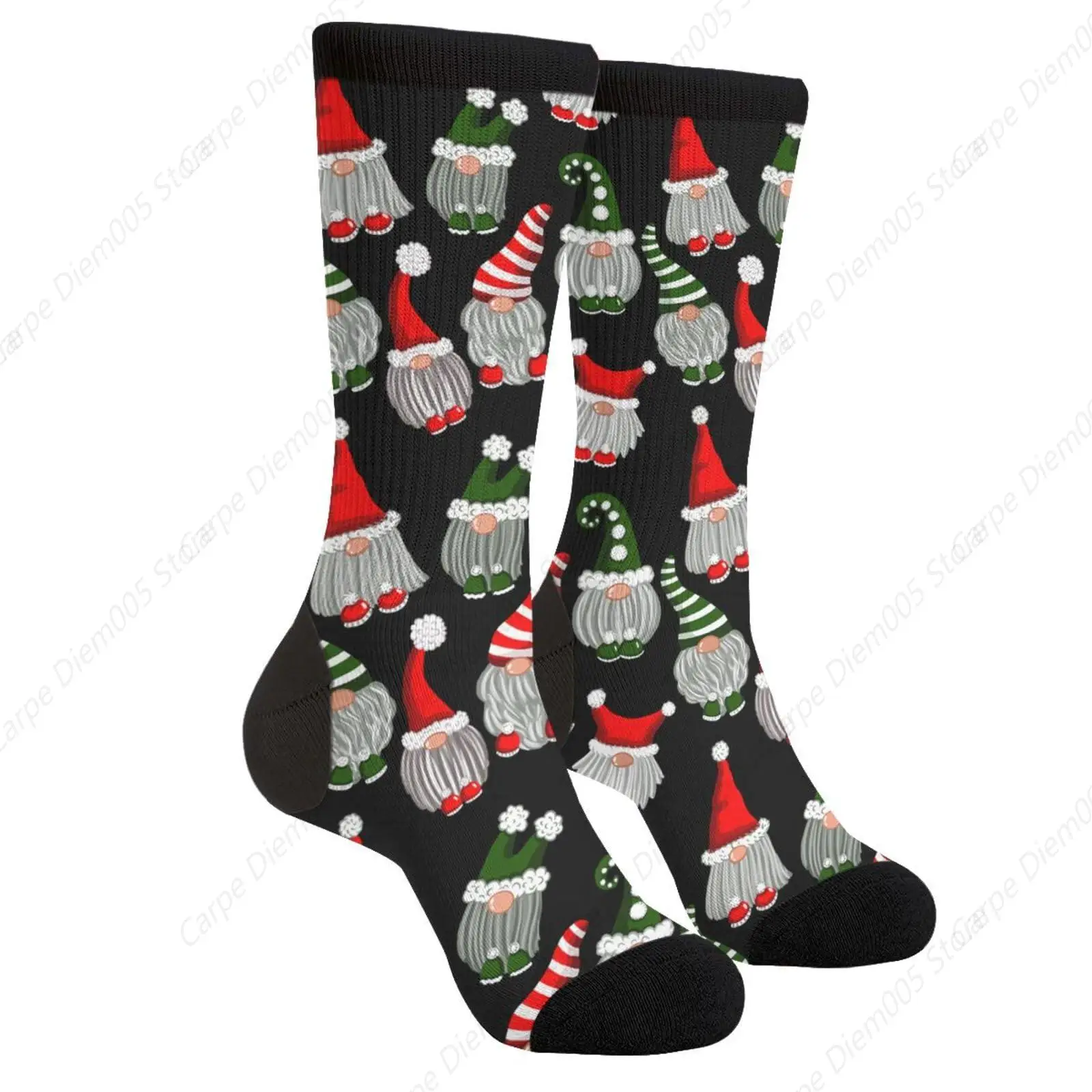 Christmas Scandinavian Gnomes Red And Green Caps Novelty Fun Crew Socks Fashion Comfortable Men And Women Crazy Dress Socks