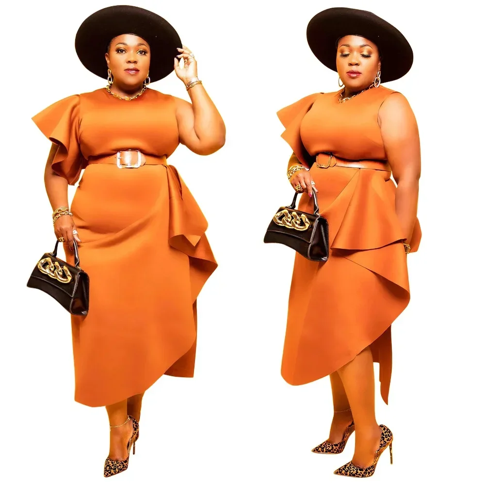 

L-4XL Dashiki African Dresses for Women Autumn Fashion Sleeveless Polyester Orange Long Dress Plus Size Africa Clothing