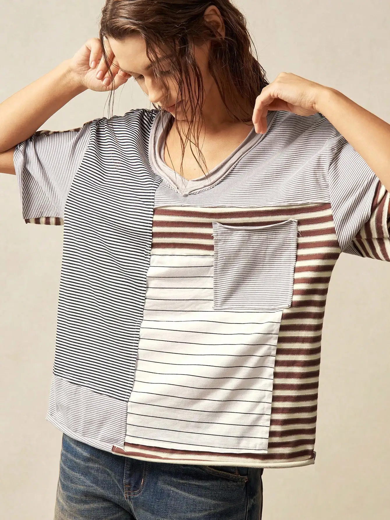 

Plus Size Summer Casual Striped Patchwork Short Sleeve T-Shirt