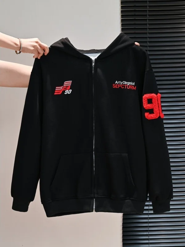 Thickened Retro Embroidered Hooded Open Cardigan Sweatshirt Women's Sport Zipper Jacket Korean Style Loose Fit Cotton Polyester