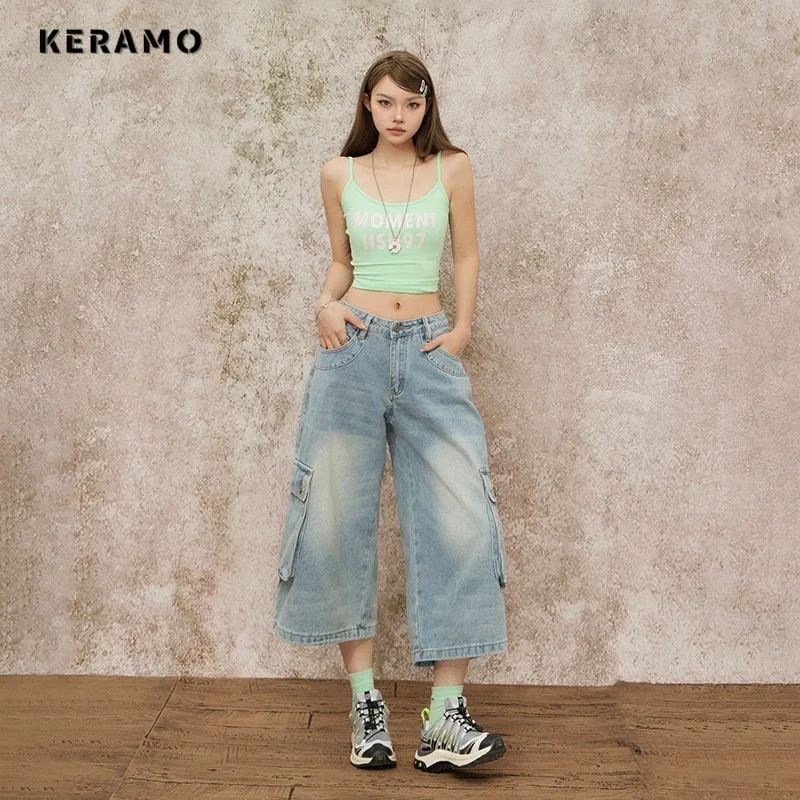 Casual Eclectic ตรงกางเกงยีนส์กางเกงผู้หญิง Y2K Grunge 2000s Street Retro เอวสูงกางเกงยีนส์ Vintage กระเป๋าลูกวัวความยาวกางเกง