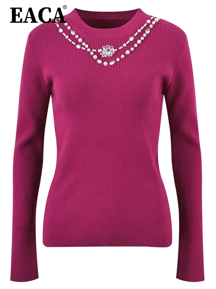Eaca เสื้อถักคอกลมทรงสลิมฟิตของผู้หญิงคอปาดเข้ารูปพร้อมเสื้อชั้นในดีไซน์ลูกปัดแต่งเล็บอุตสาหกรรมหนักทำด้วยมือใหม่2024ฤดูใบไม้ร่วง