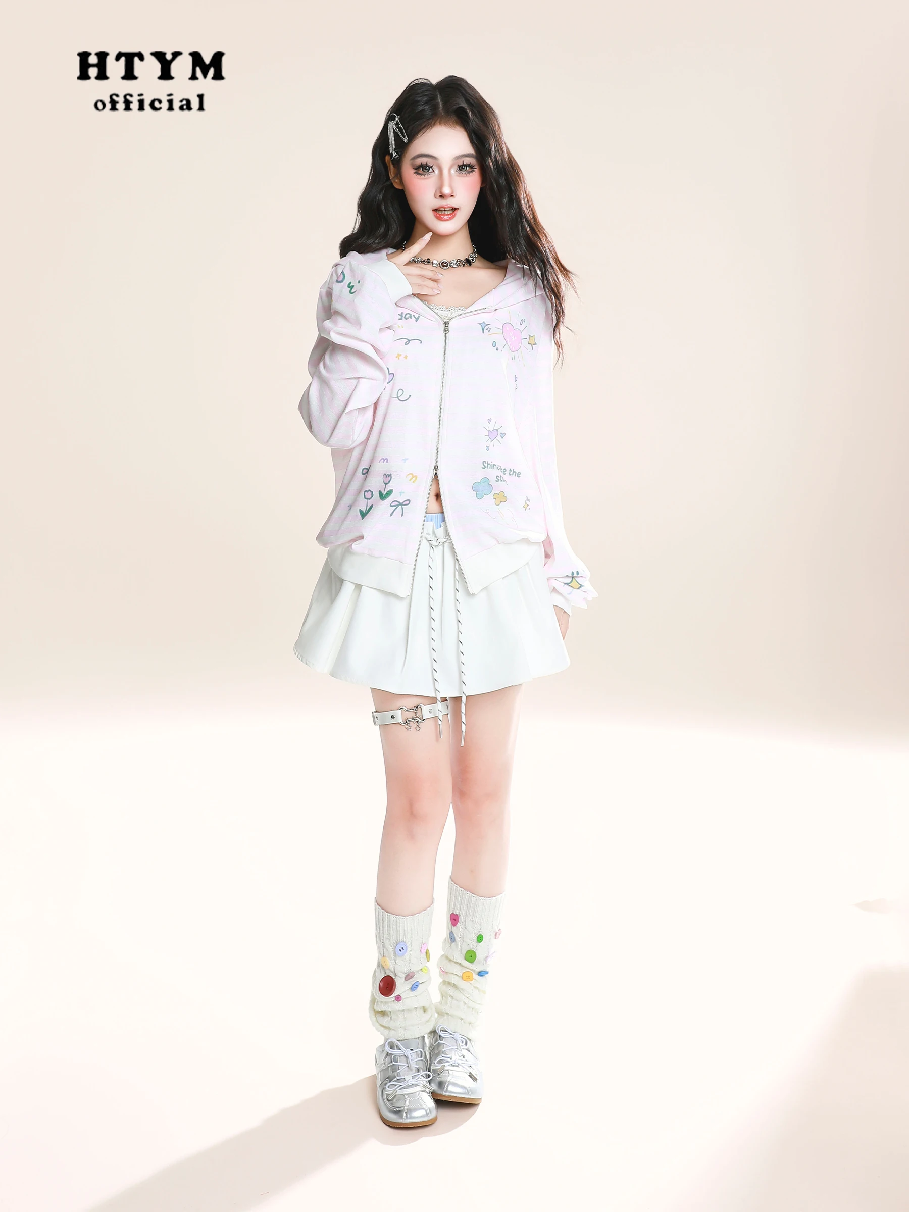 Fashion Sweet Cool Girl Y2K Hoodies Tops Striped Cute Print Loose Casual Zipper Long Sleeve Sweatshirt Short Jacket Women Autumn