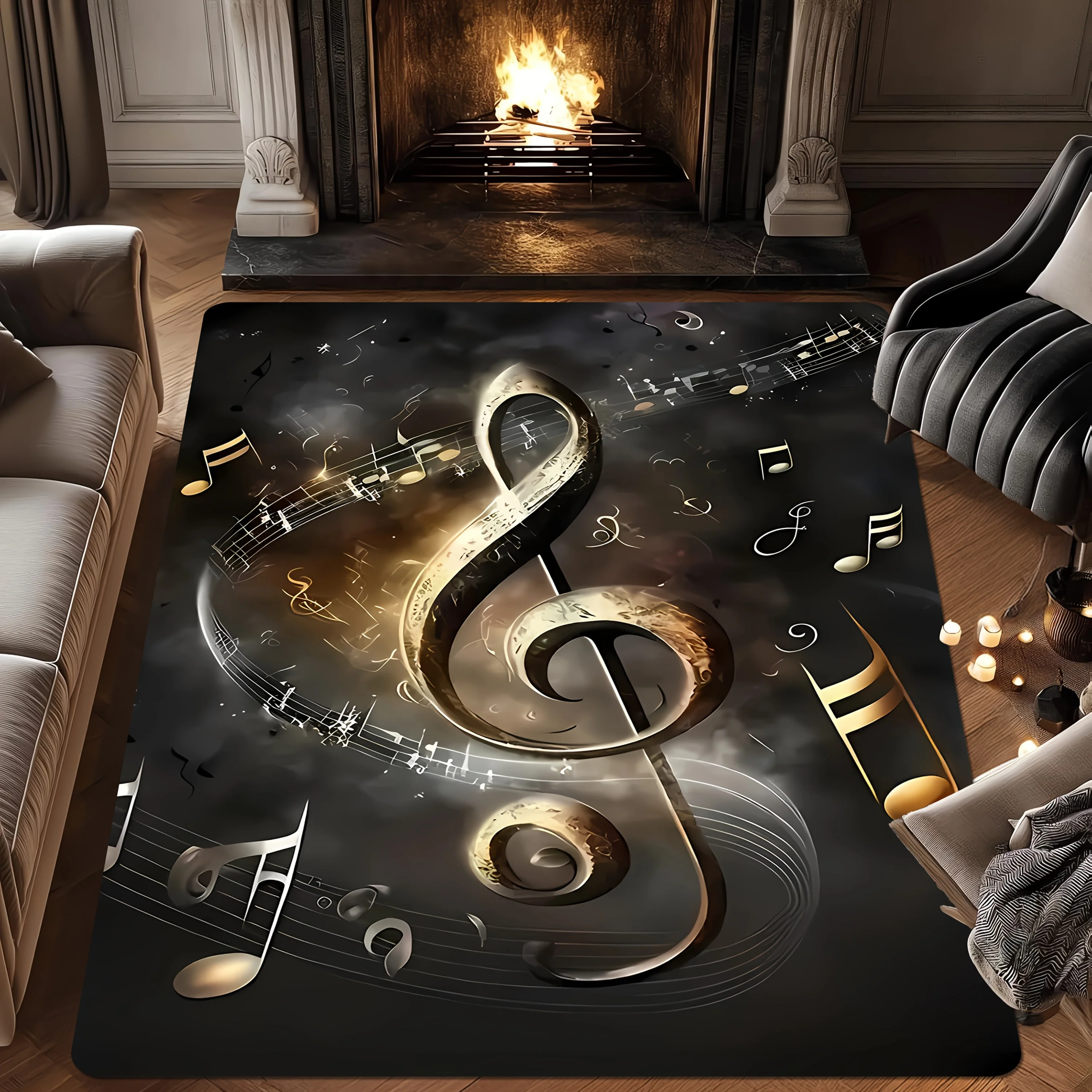 Premium Musical Notes Area Rug Gold Treble Clef Sheet Music Jazz Theme Mat for Living Room Decor Modern Artistic Home Floor