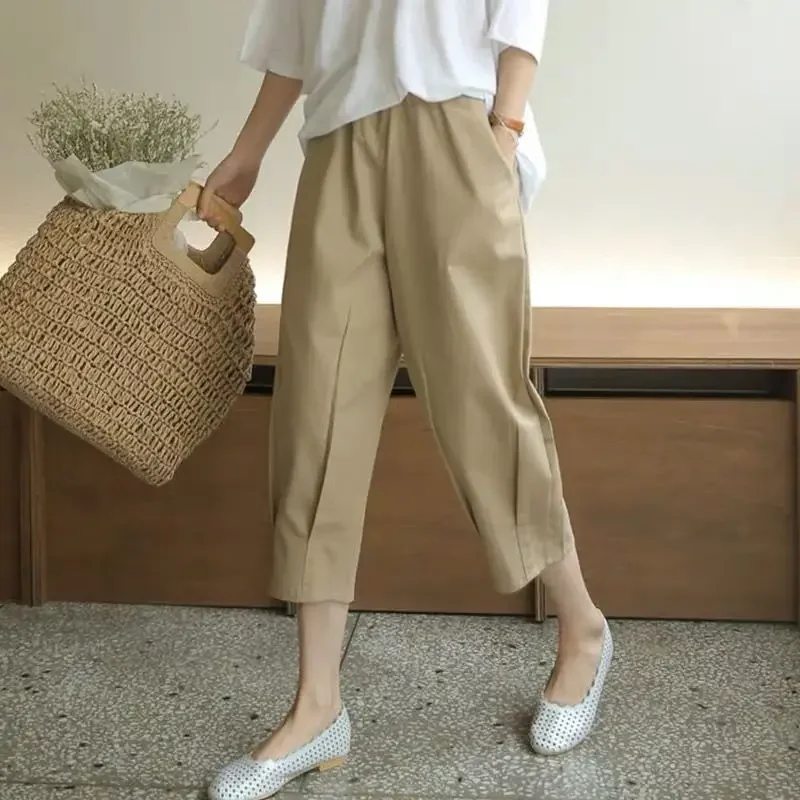 

Cotton Linen Pants Women's Summer Loose Solid Pants Female High Waist Large Size Casual Khaki Calf-Length Pants E610