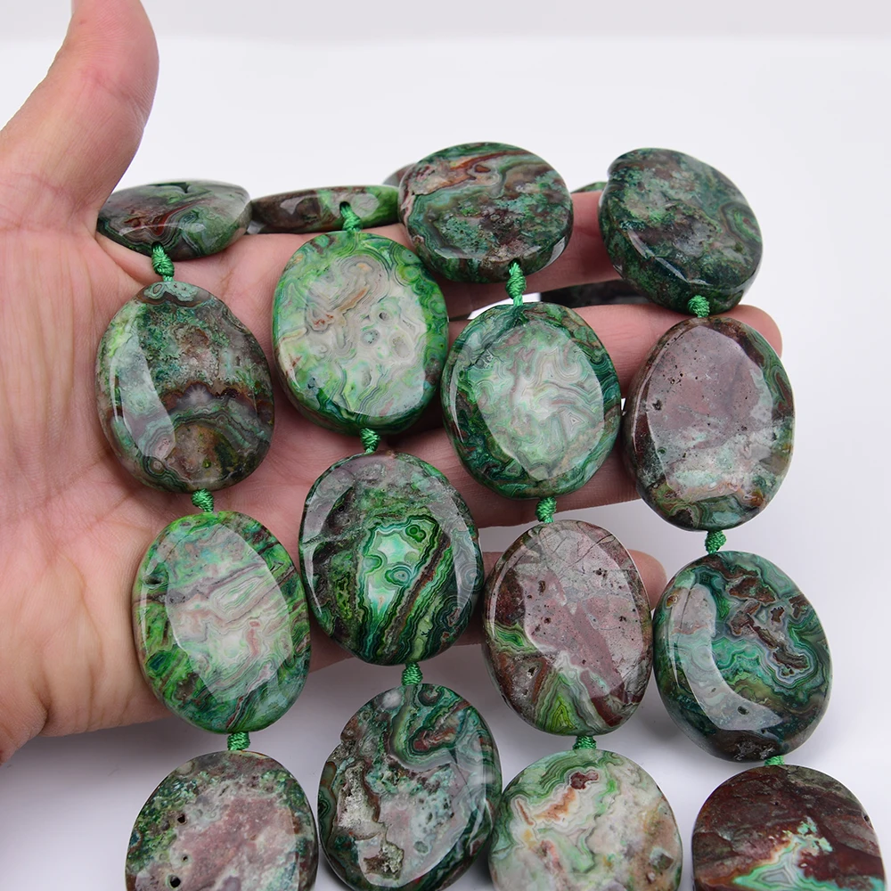 APDGG Large Size 40mm Natural Mix Green Mexican Crazy Lace Agate Oval Chunky Loose Pendant Beads 15.5'' Strand Jewelry DIY