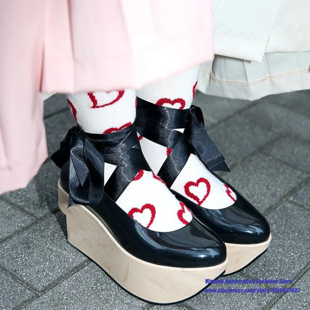 Women Round Toe Mary Jane Wedge Pumps Black Faux Leather Crisscross Ankle Wrap Straps Wedge Heels Sandalias De Mujer Verano